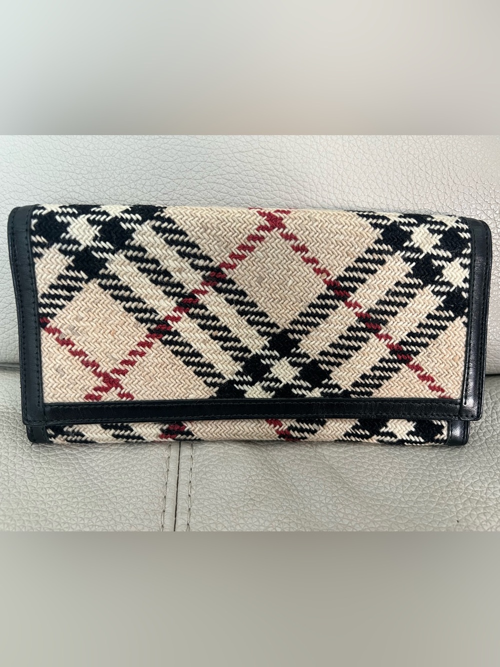 Burberry Black Leather Trim Plaid Wallet with Red Accent